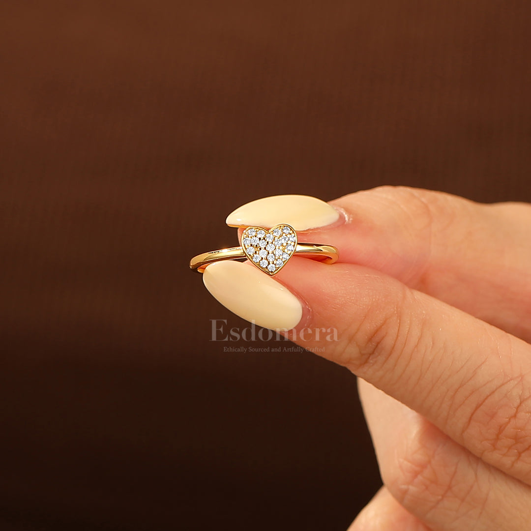 Delicate Heart Bridal Ring Romantic Pavé Moissanite Solid Gold Engagement Ring