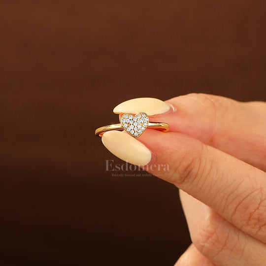 Delicate Heart Bridal Ring Romantic Pavé Moissanite Solid Gold Engagement Ring