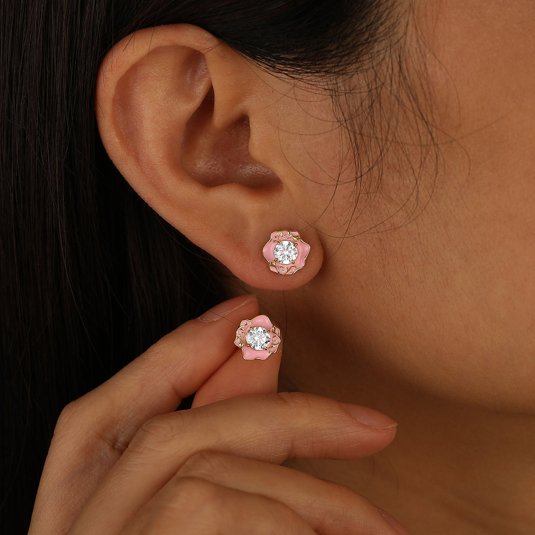 Pink Floral Style Round Cut Moissanite Stud Earrings Artsy Women Earrings