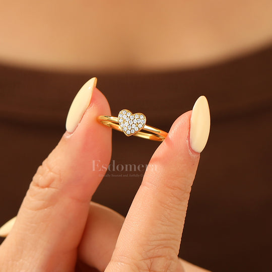 Delicate Heart Bridal Ring Romantic Pavé Moissanite Solid Gold Engagement Ring