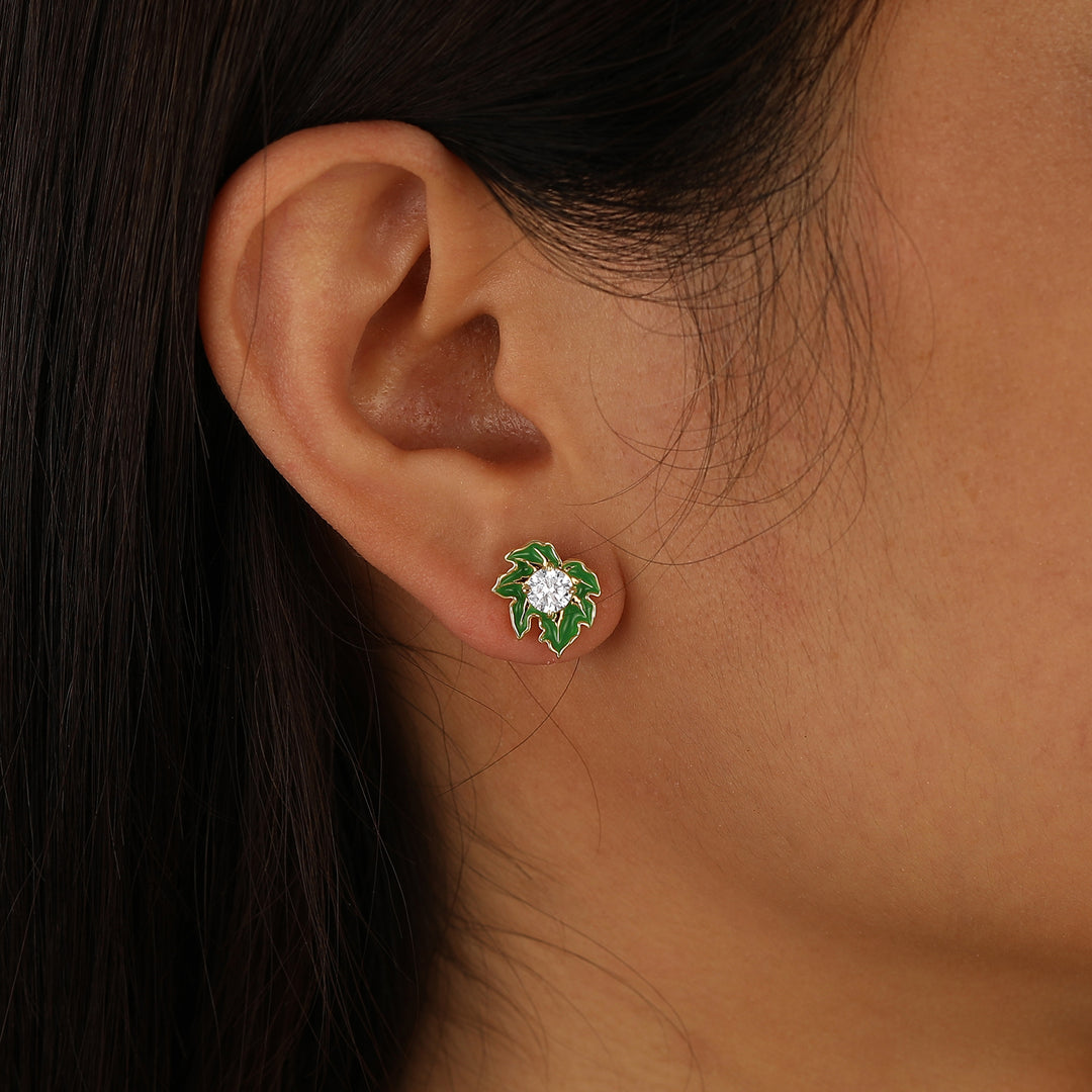 Leaf Inspired Green Enamel Stud Earrings Round Moissanite Inlay Earrings For Women -  Esdomera.com