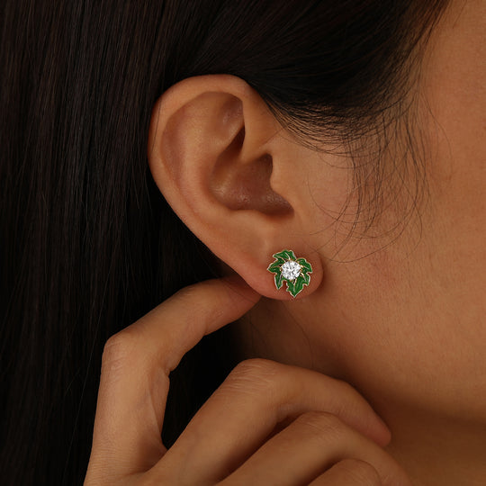 Leaf Inspired Green Enamel Stud Earrings Round Moissanite Inlay Earrings For Women -  Esdomera.com