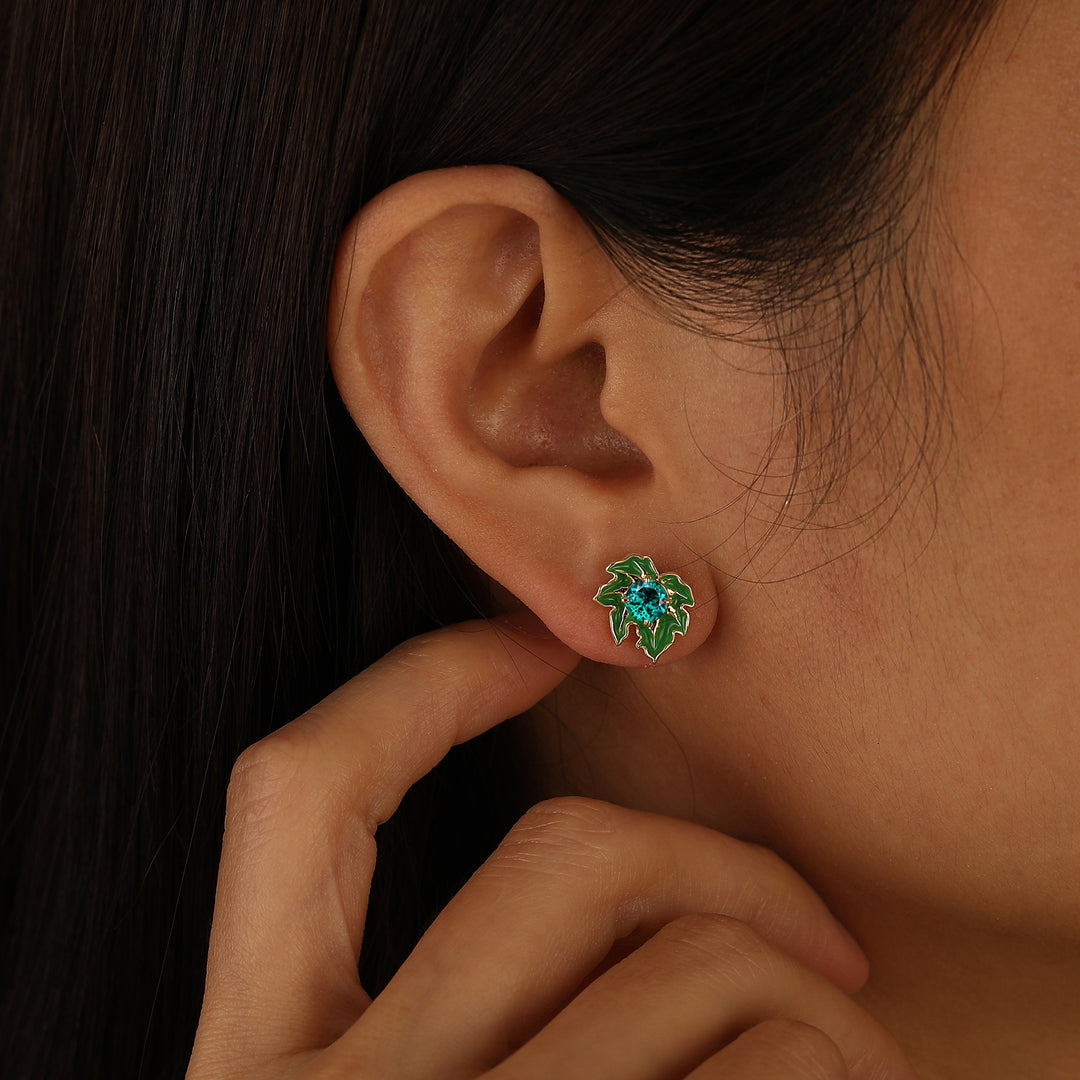 Green Leaf Design Round Emerald Earrings Handmade Enamel Coated Stud Earrings -  Esdomera.com
