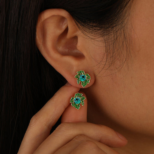 Green Leaf Design Round Emerald Earrings Handmade Enamel Coated Stud Earrings -  Esdomera.com