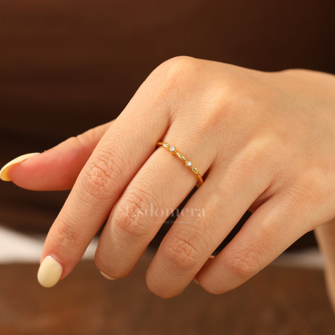 Artsy Leaf Design Moissanite Wedding Ring Two Stone Moissanite Band For Women
