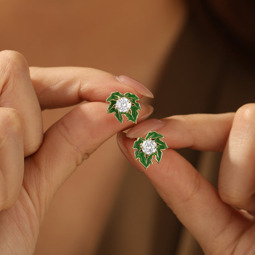 Leaf Inspired Green Enamel Stud Earrings Round Moissanite Inlay Earrings For Women -  Esdomera.com