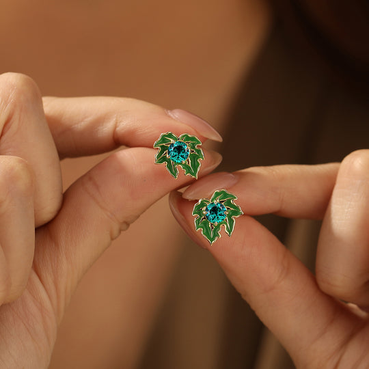 Green Leaf Design Round Emerald Earrings Handmade Enamel Coated Stud Earrings -  Esdomera.com