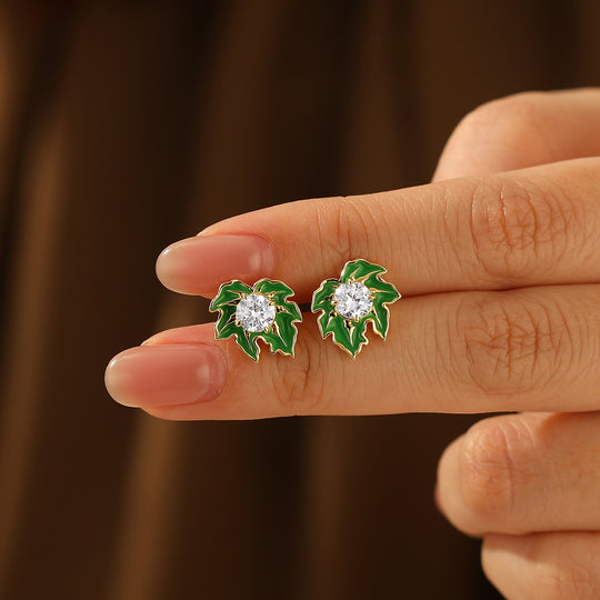 Leaf Inspired Green Enamel Stud Earrings Round Moissanite Inlay Earrings For Women -  Esdomera.com