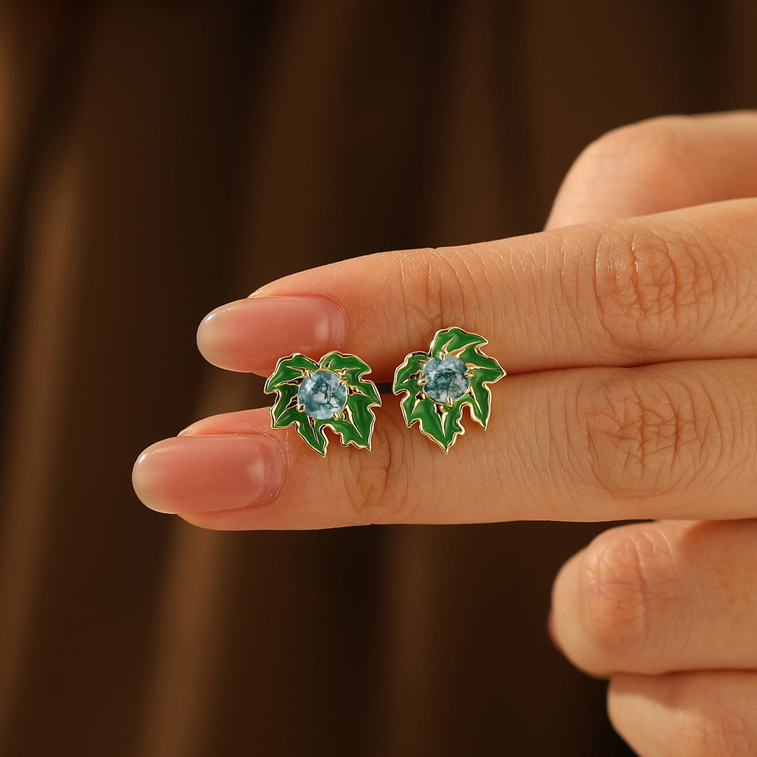Leaf Enamel Coated Design Earrings Artisan Round Moss Agate Stud Earrings -  Esdomera.com
