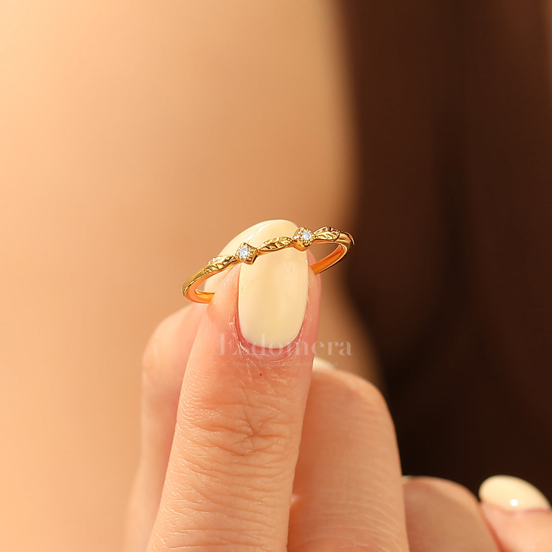 Artsy Leaf Design Moissanite Wedding Ring Two Stone Moissanite Band For Women
