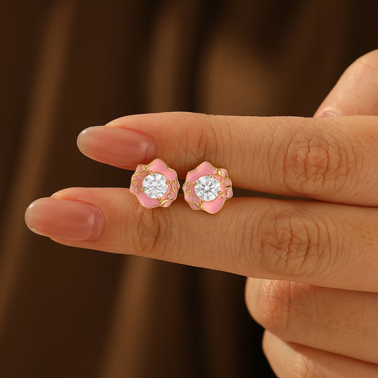 Pink Floral Style Round Cut Moissanite Stud Earrings Artsy Women Earrings