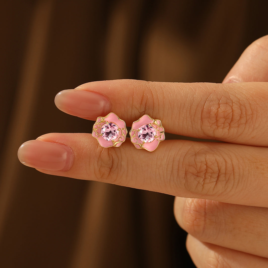 Floral Enamel Pink Morganite Stud Earrings Sterling Silver Earrings 14K Gold Earrings -  Esdomera.com