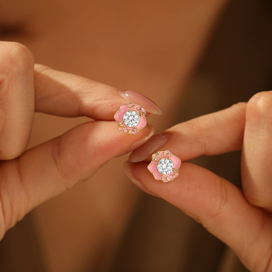 Pink Floral Style Round Cut Moissanite Stud Earrings Artsy Women Earrings