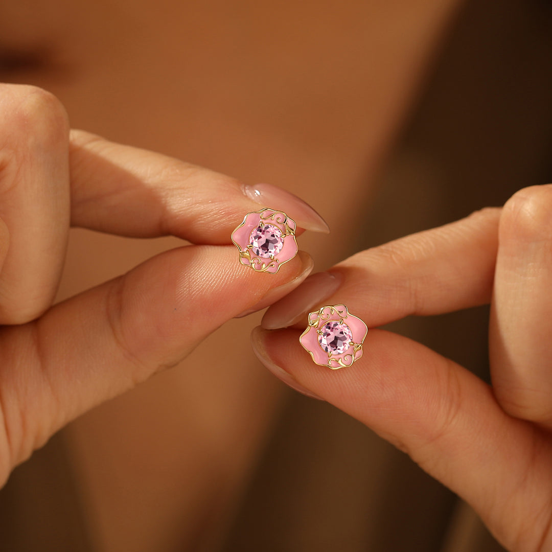 Floral Enamel Pink Morganite Stud Earrings Sterling Silver Earrings 14K Gold Earrings -  Esdomera.com