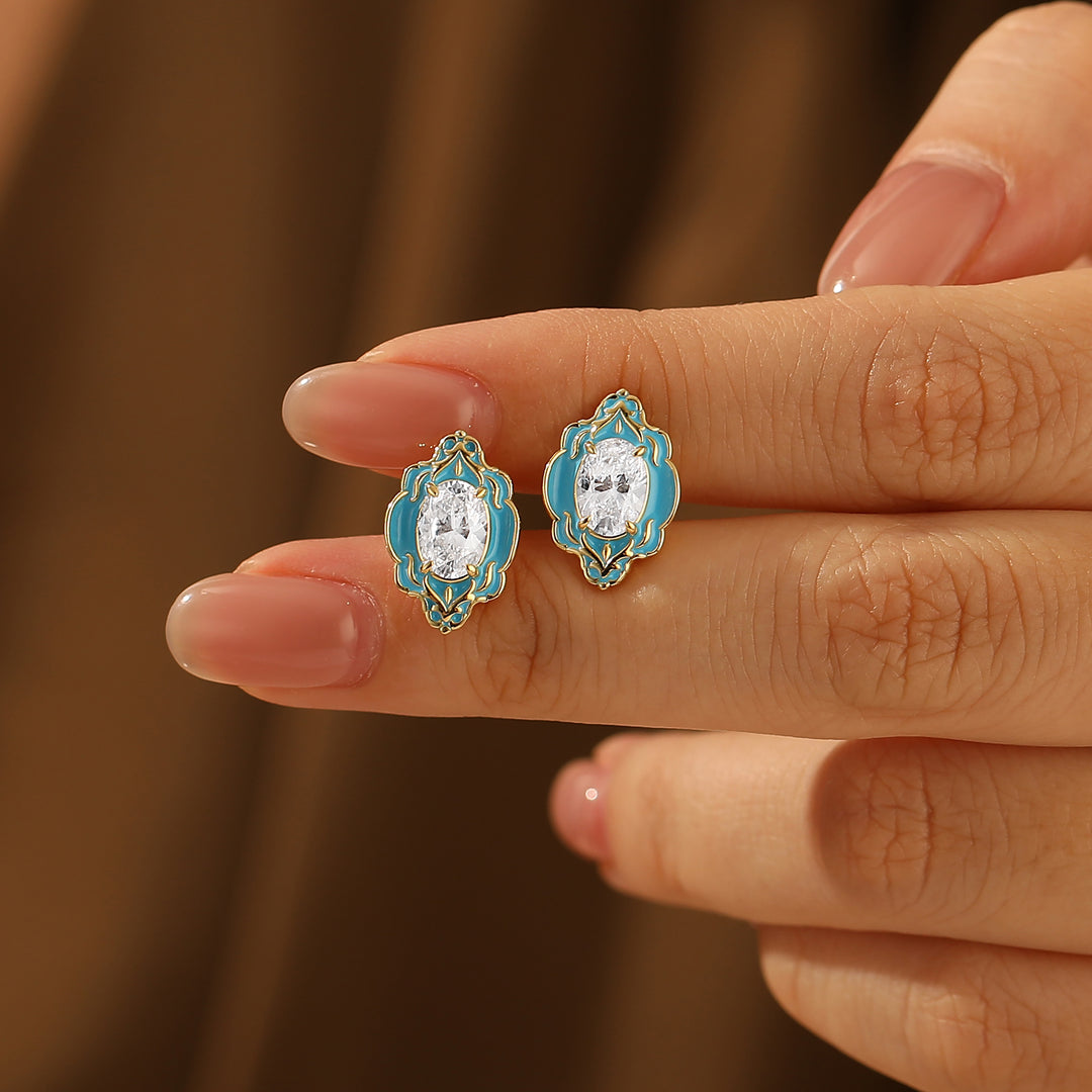 Himmelblaue Emaille-Blumen-Ohrstecker, elegante ovale Moissanit-Ohrringe für Damen