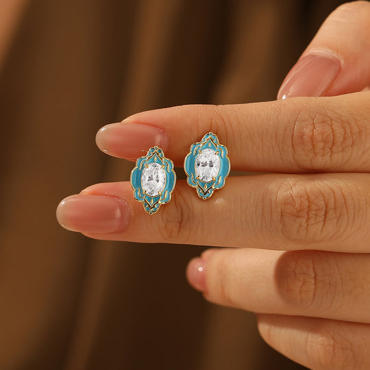 Himmelblaue Emaille-Blumen-Ohrstecker, elegante ovale Moissanit-Ohrringe für Damen