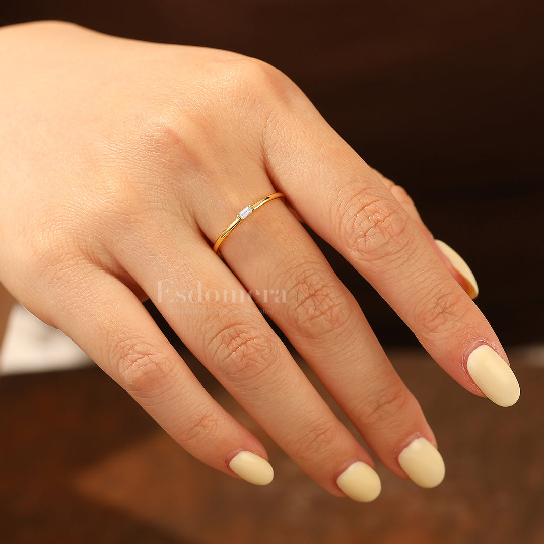 Simple Solitaire Rectangular Moissanite Engagement Ring Thin Moissanite Band For Her