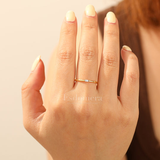 Simple Solitaire Rectangular Moissanite Engagement Ring Thin Moissanite Band For Her