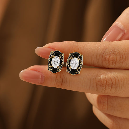 Pendientes de botón ovalados de moissanita con grabado floral, esmalte negro vintage para mujer