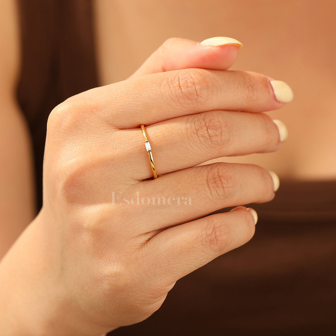 Simple Solitaire Rectangular Moissanite Engagement Ring Thin Moissanite Band For Her