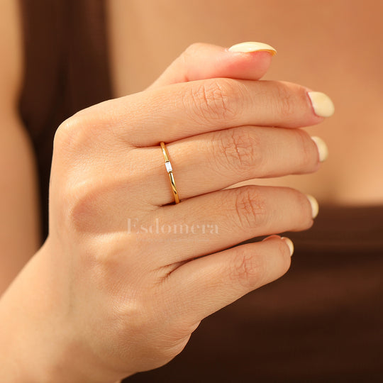 Simple Solitaire Rectangular Moissanite Engagement Ring Thin Moissanite Band For Her
