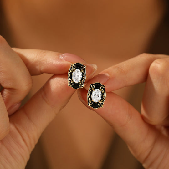 Pendientes de botón ovalados de moissanita con grabado floral, esmalte negro vintage para mujer