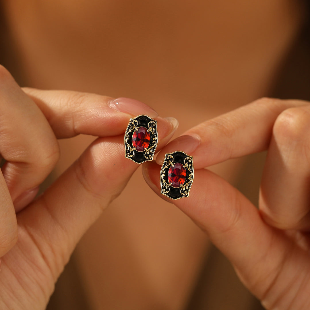 Baroque-inspired Red Enamel Ruby Stud Earrings Scrollwork July Birthstone Earrings For Women -  Esdomera.com