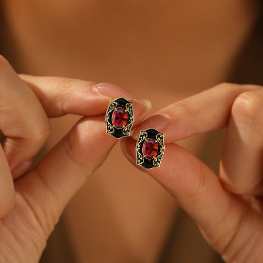 Baroque-inspired Red Enamel Ruby Stud Earrings Scrollwork July Birthstone Earrings For Women -  Esdomera.com