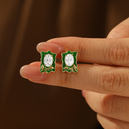 Art Deco Green Enamel Oval Moissanite Stud Earrings Sterling Silver Women Earrings -  Esdomera.com