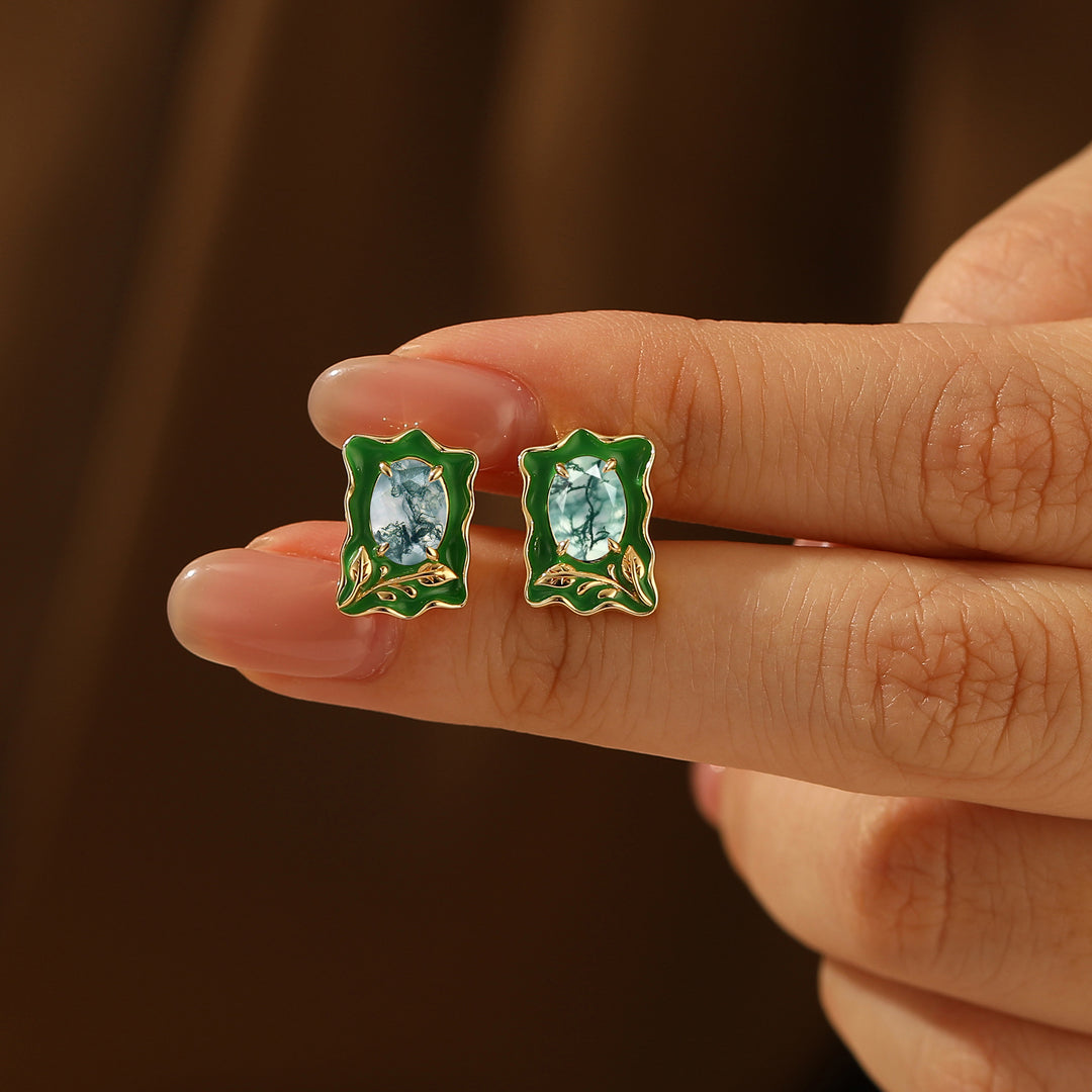 Unique Irregular Enamel Earrings Oval Cut Moss Agate Stud Earrings For Women -  Esdomera.com