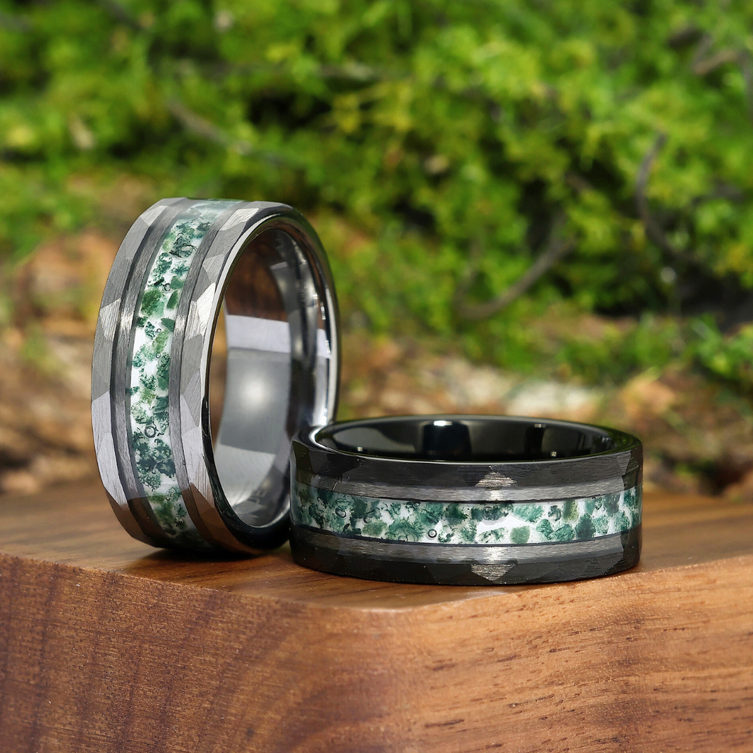 Hammered Moss Agate Tungsten Couple Rings His And Hers Unisex Wedding Bands