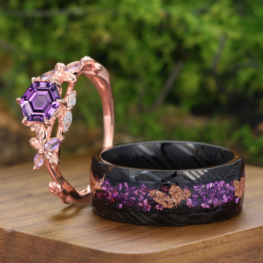 Personalized Hexagon Cut Natural Amethyst Couple Rings Leaf Inspired Rings For Him And Her