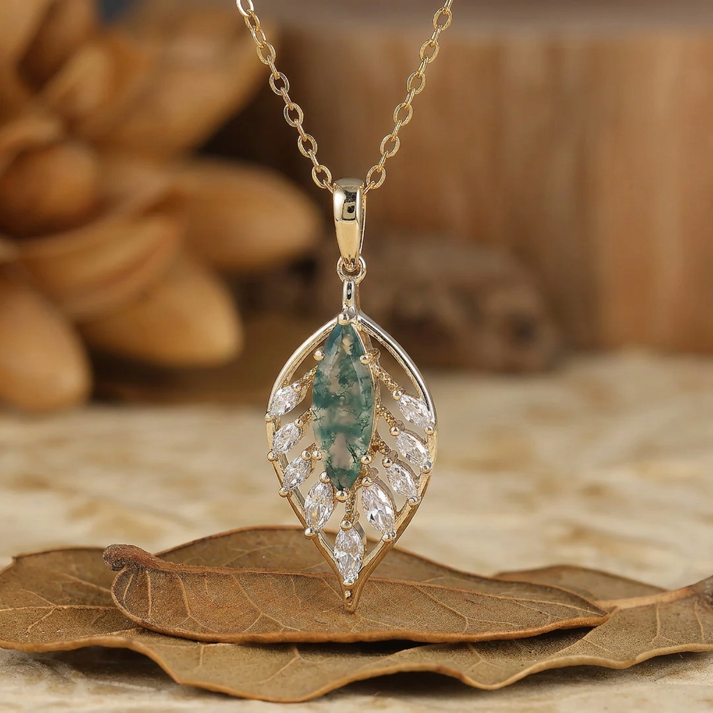 925 Argento Collana con Pendente a Forma di Piuma/Foglia Marquise con Acquamarina, Collana in Oro 14K per Donna