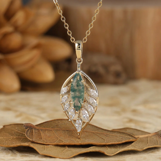 925 Argento Collana con Pendente a Forma di Piuma/Foglia Marquise con Acquamarina, Collana in Oro 14K per Donna
