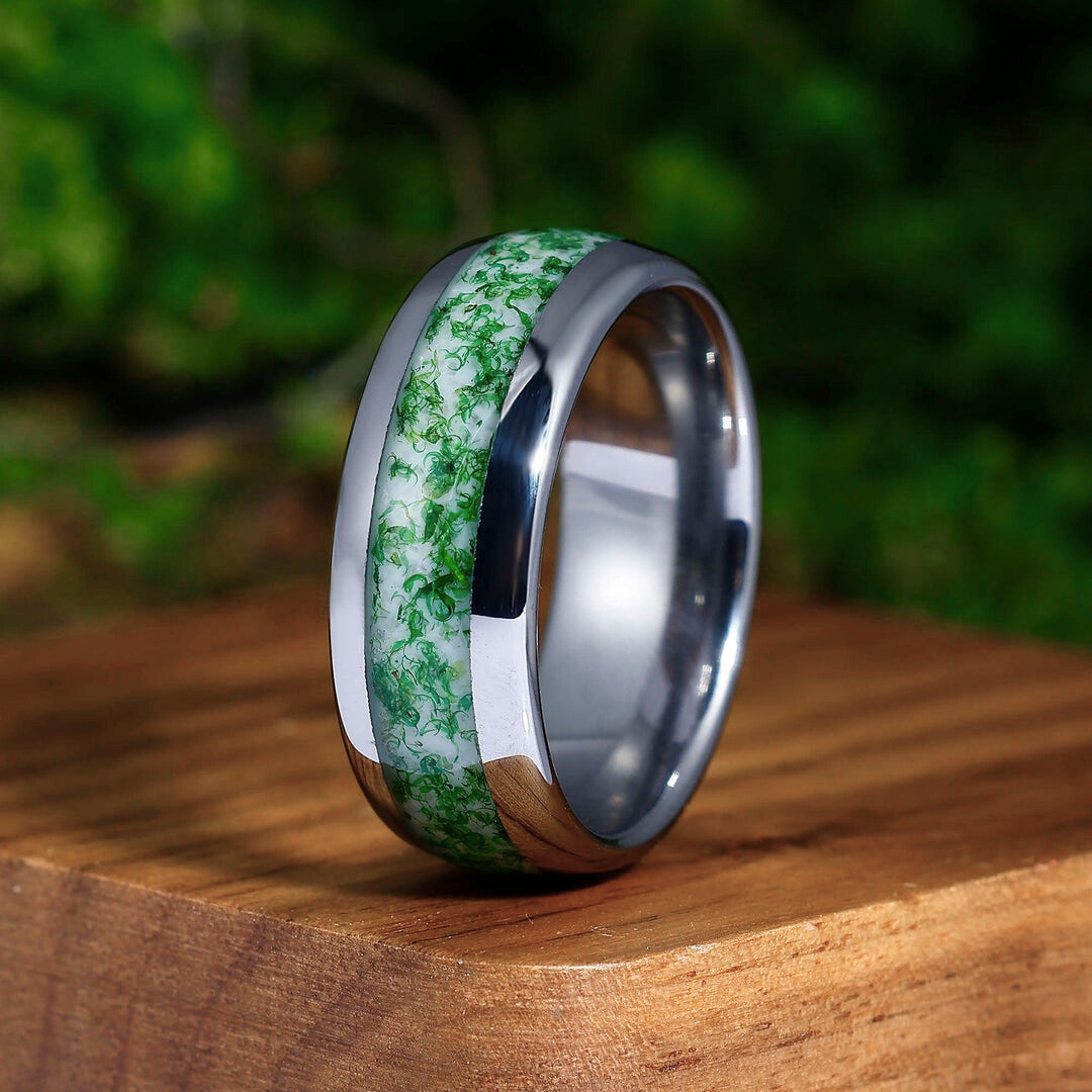 Vintage Kite Moss Agate His and Hers Wedding Band 925 Sterling Silver Tungsten Matching Ring