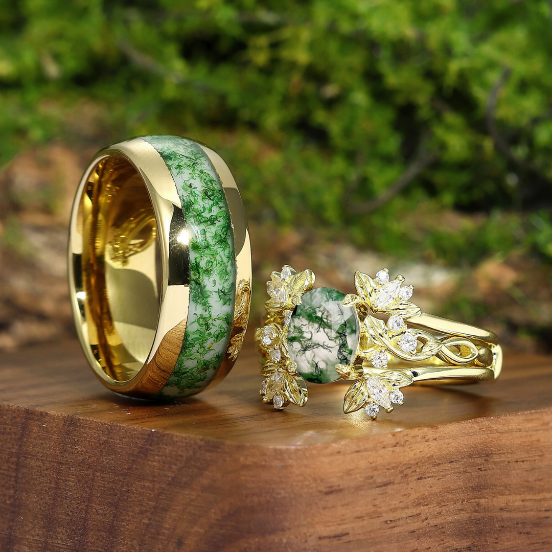 Floral Cluster Moss Agate Leaf Engagement Couple Rings Set Green Yellow Promise His And Hers Wedding Bands