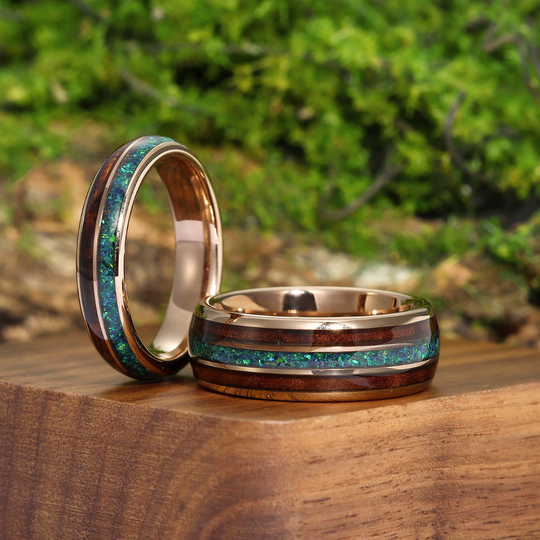 Polished Wood Peacock Green Opal Tungsten Couple Rings His And Hers Wedding Bands Marriage Ring