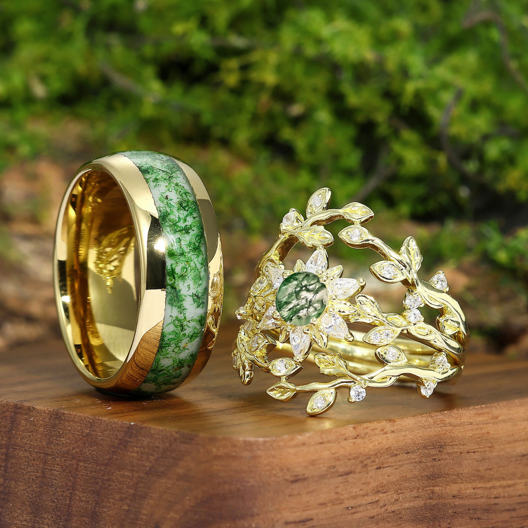 Artsy Olive Branch Moss Agate Nest Engagement Couple Rings Set Green Yellow Matching Promise Wedding Bands