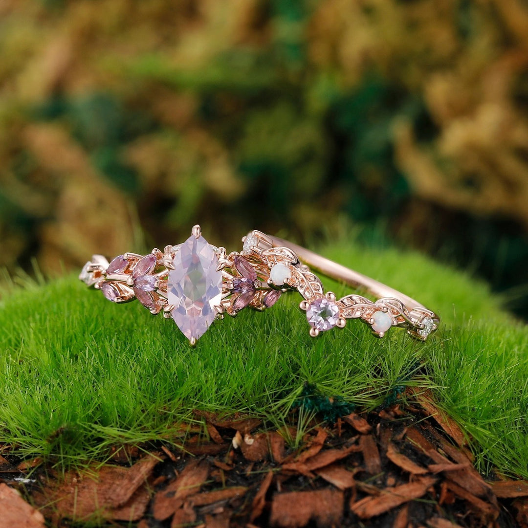 Vintage Leaf-inspired Marquise Cut Natural Lavender Amethyst Engagement Ring Sets Rose Gold Art Deco Branch Women Wedding Ring