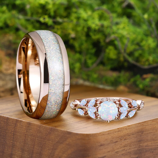 Leaf Design Pink White Opal Couples Ring Set Rose Gold Plated Matching Promise His and Hers Wedding Rings