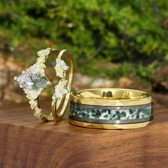 Elegant Moss Agate Blade Engagement Couple Rings Set Yellow Green Promise His And Hers Marriage Rings