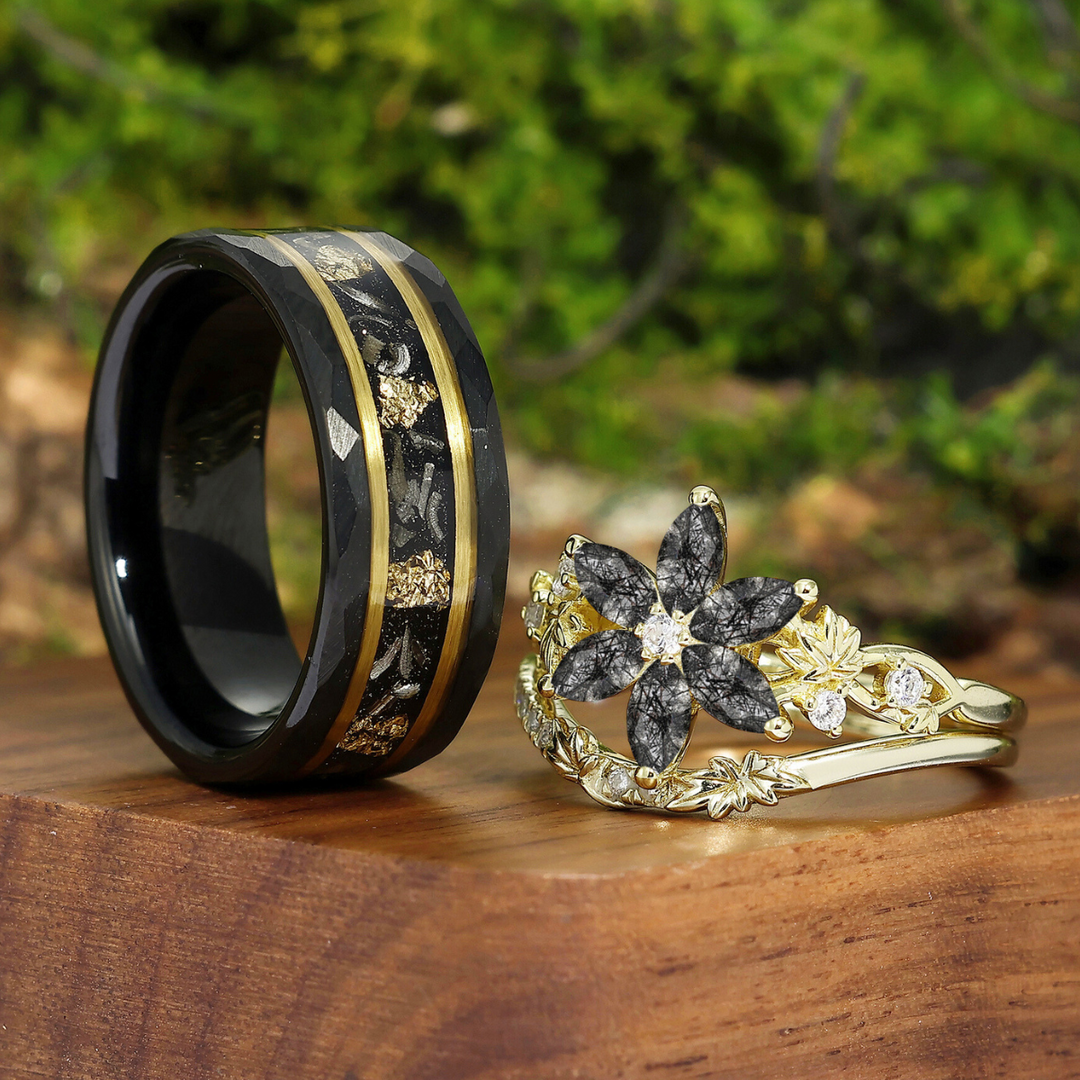 Dainty Floral Shaped Black Rutilated Quartz Engagement Rings For Couples His And Hers Wedding Rings