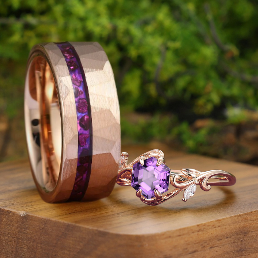 Anillo para parejas con diseño de hoja de vid en amatista púrpura, 2 piezas, plata de ley 925 y tungsteno, anillos a juego