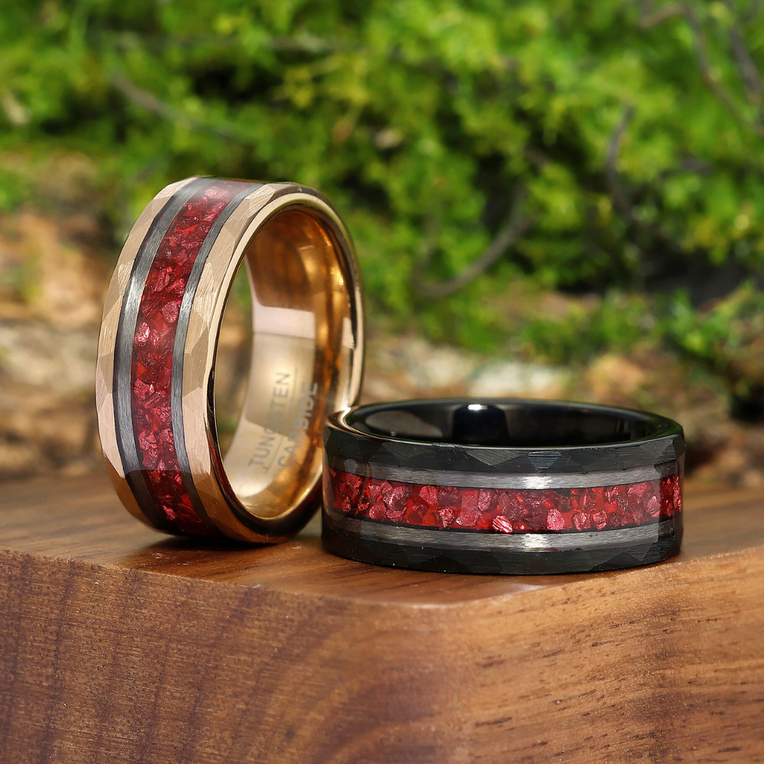 Personalized Red Ruby Tungsten Couple Rings Unisex 8mm Hammered Wedding Rings