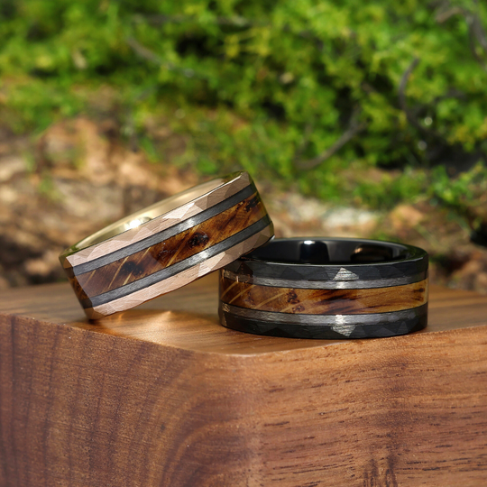 Unique Hammered Wide Wood Tungsten Wedding Bands Promise Couple Rings Set