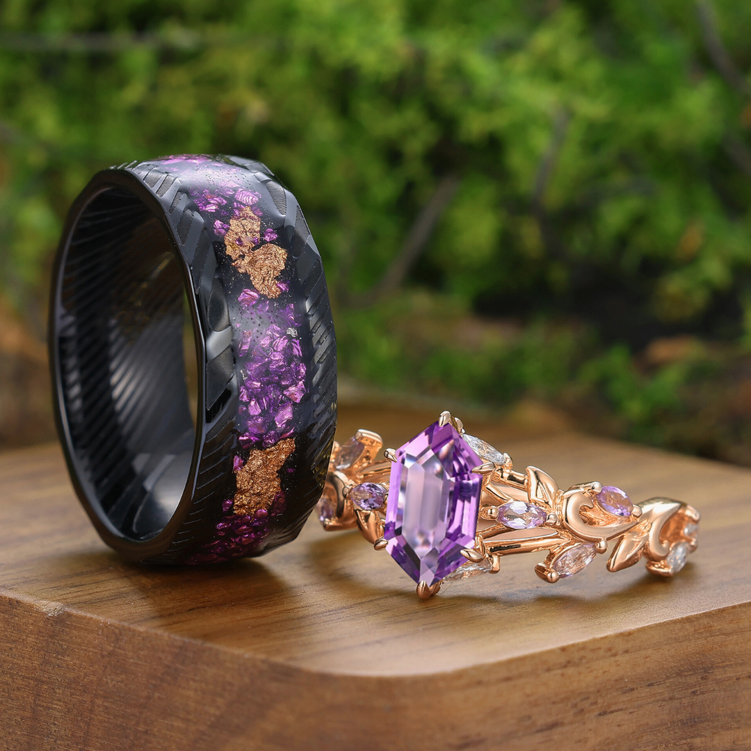 Gekrulde wijnrank ringen met natuurlijke amethist paarse bijpassende ringenset voor hem en haar
