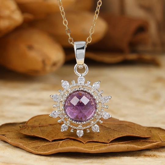 Delicaat Rond Geslepen Amethist Zon Halo Hanger Ketting 14K Gouden Ketting
