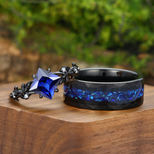 Dainty Princess Cut Sapphire Leaf Twig Couple Ring Sapphire Black Plated Rings For Him And Her