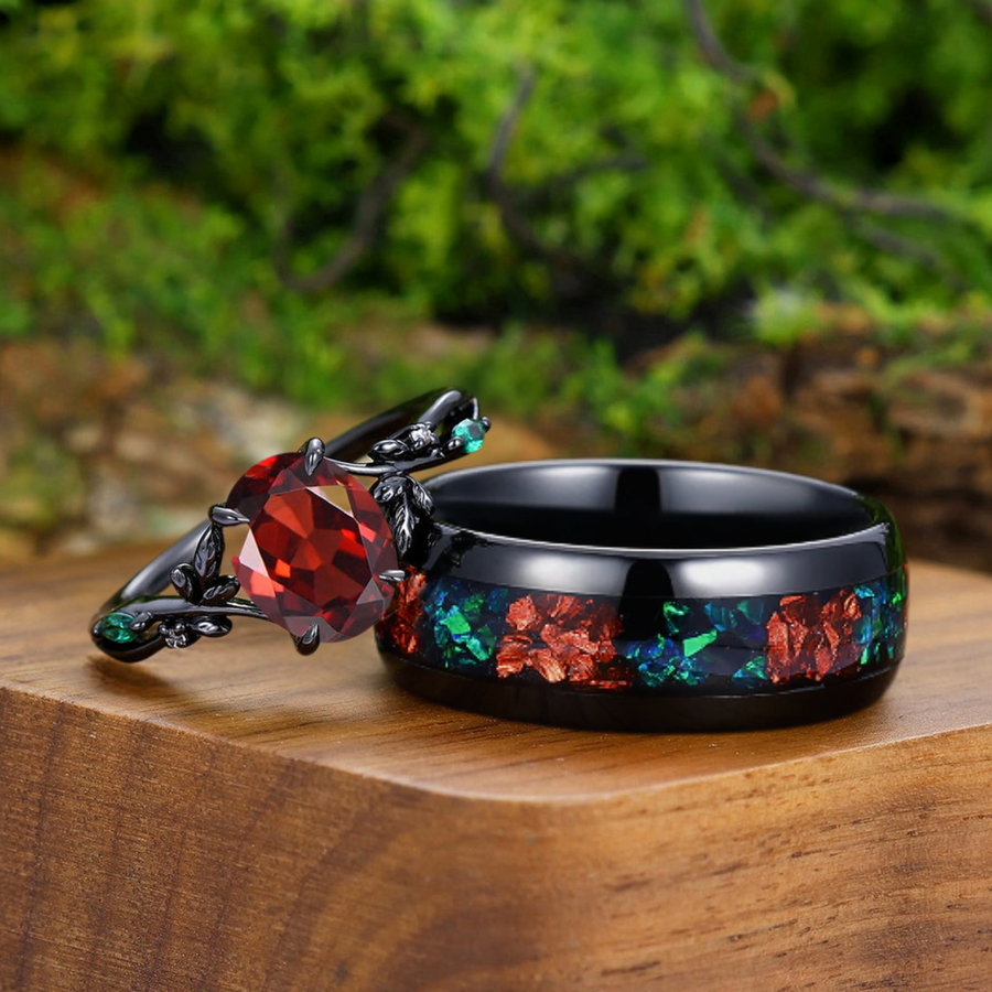 Stylish Natural Red Garnet Sprig Engagement Couple Rings Tungsten Matching His And Hers Anniversary Wedding Band.