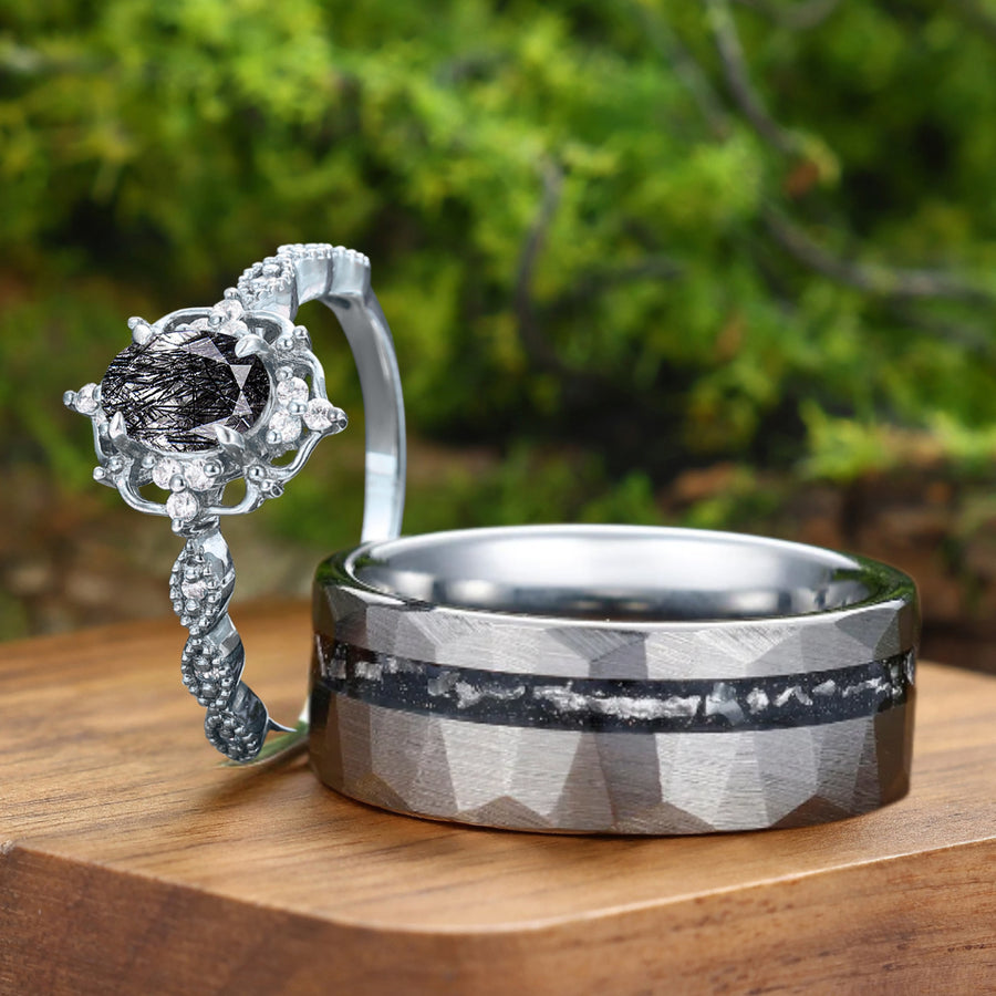 Anillo de pareja vintage de cuarzo rutilado negro natural Anillos únicos a juego de plata y tungsteno